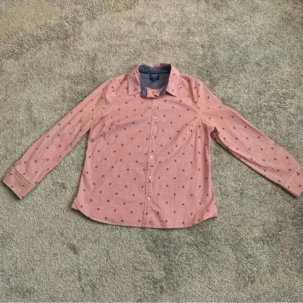 Women’s Izod Maroon stripped button down with blue anchors size large